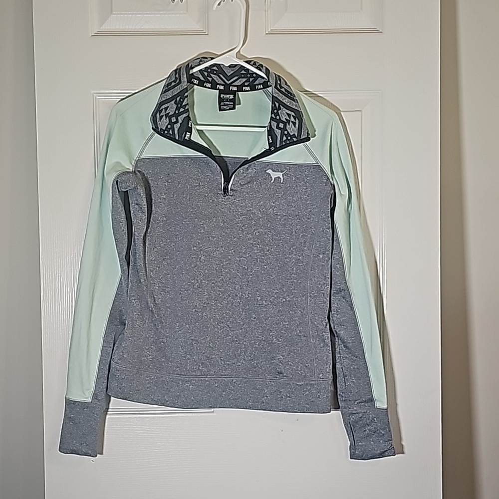 Victoria Secret Pink 1/4 zip Fitted Pull Over Activewear Size S Mint Gray
